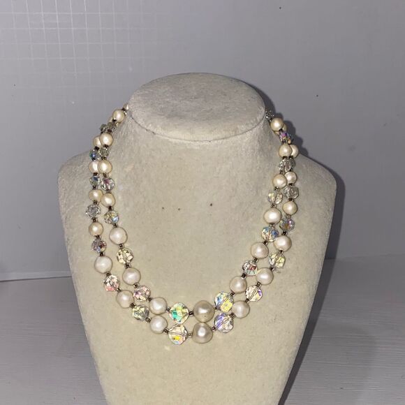 Vintage Signed Laguna Aurora Borealis Glass & Faux Pearl Bead 2 Strand Necklace - Picture 3 of 11